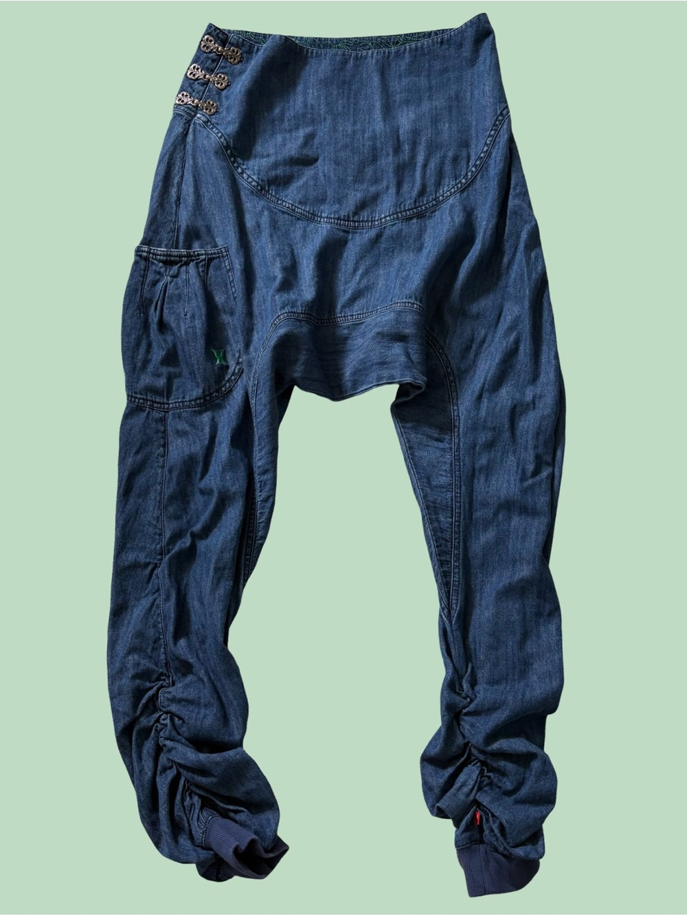 Vintage Kari Traa Pants Cotton Denim Harem Blue Dropped Crotch Embroidered Rare